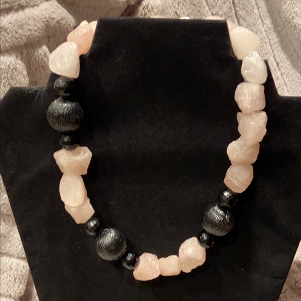 Chunky pink rock and black bead necklace